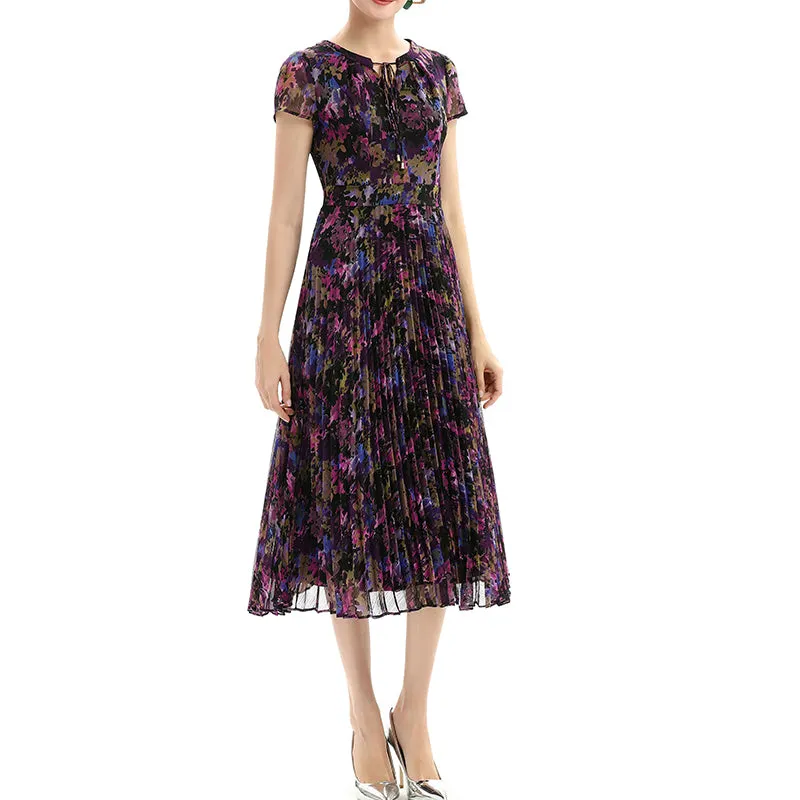 D028 Women artistic floral print cap sleeves pleated midi day dress