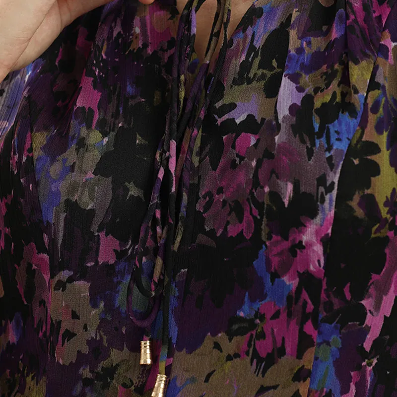 D028 Women artistic floral print cap sleeves pleated midi day dress