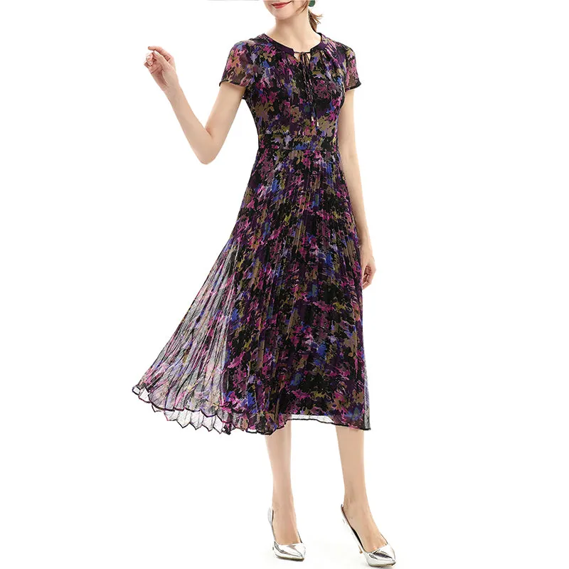 D028 Women artistic floral print cap sleeves pleated midi day dress
