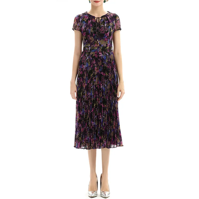 D028 Women artistic floral print cap sleeves pleated midi day dress