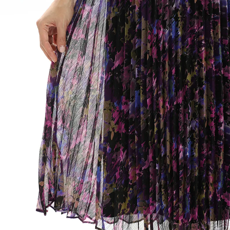 D028 Women artistic floral print cap sleeves pleated midi day dress