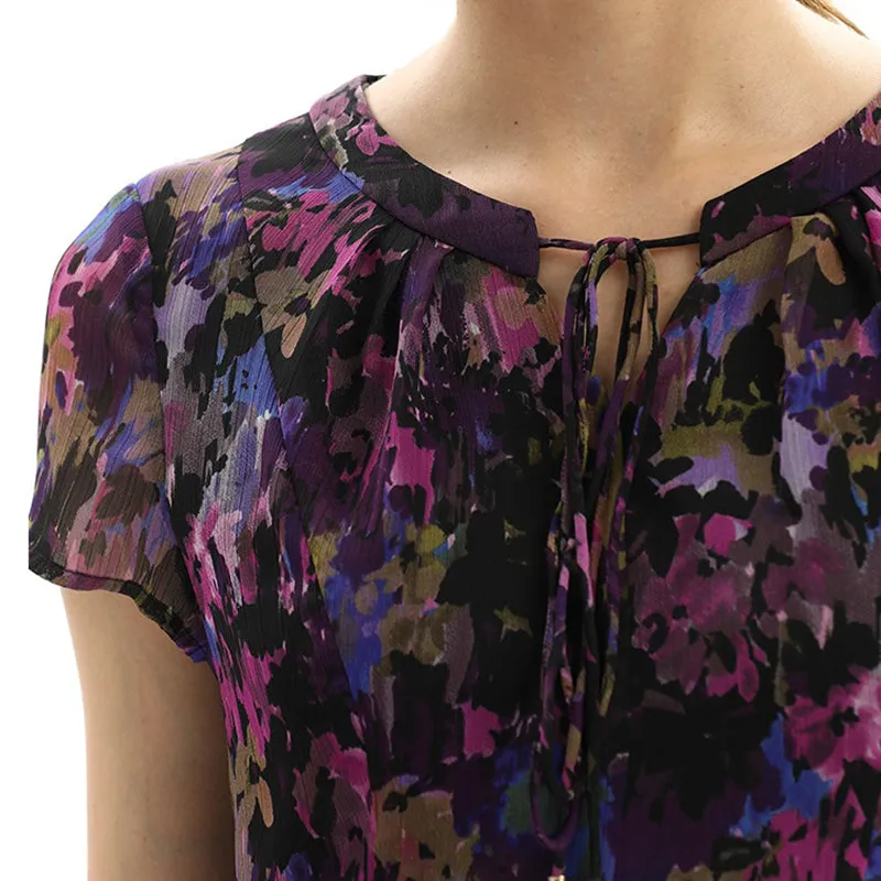 D028 Women artistic floral print cap sleeves pleated midi day dress