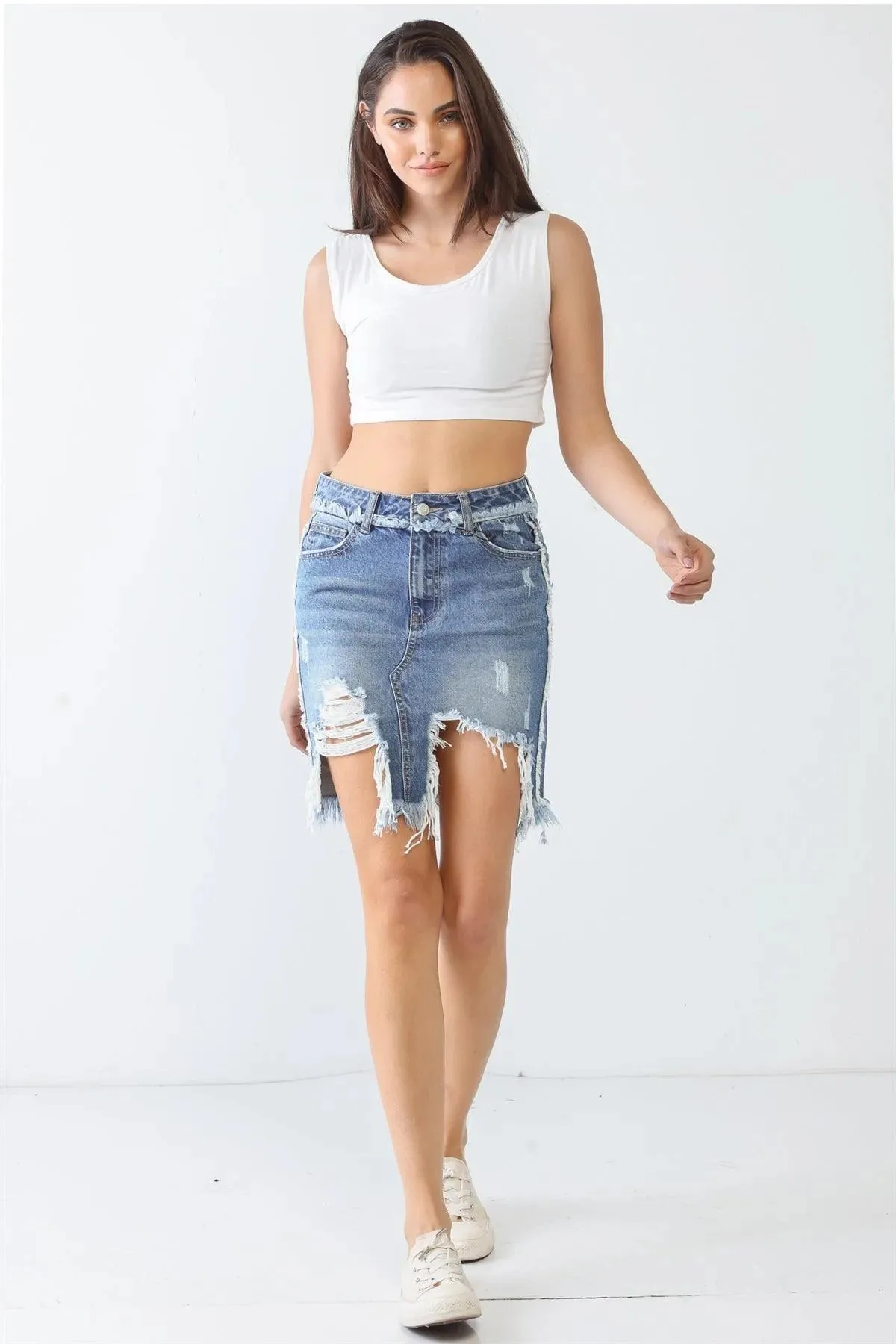 Denim Five Pocket Trim Torn Hem High Waist Mini Skirt