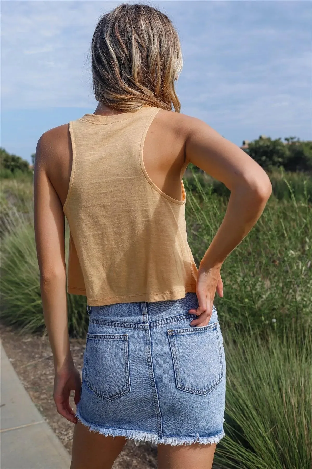 Denim High Waist Raw Hem & Waist Detail Mini Skirt /3-2-1