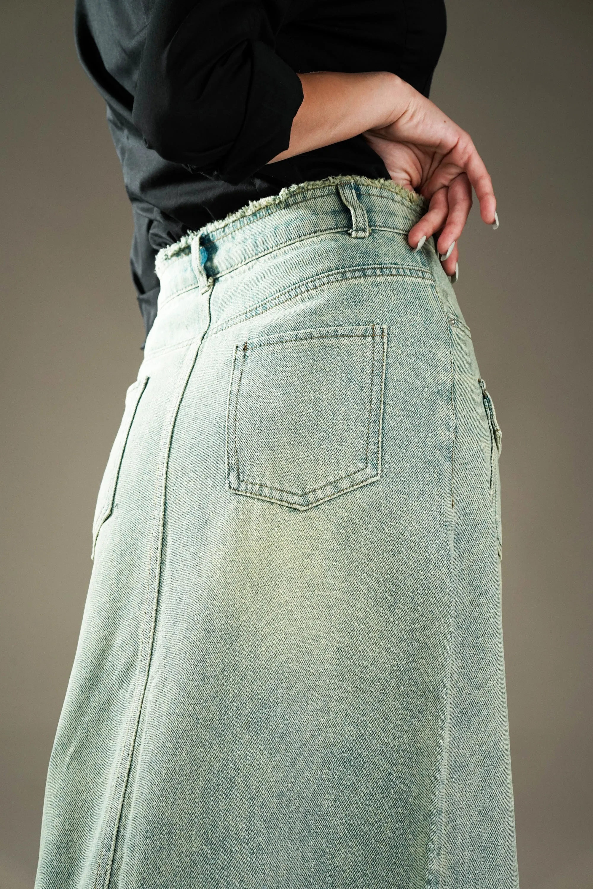 Denim Skirt With Distressed Hem