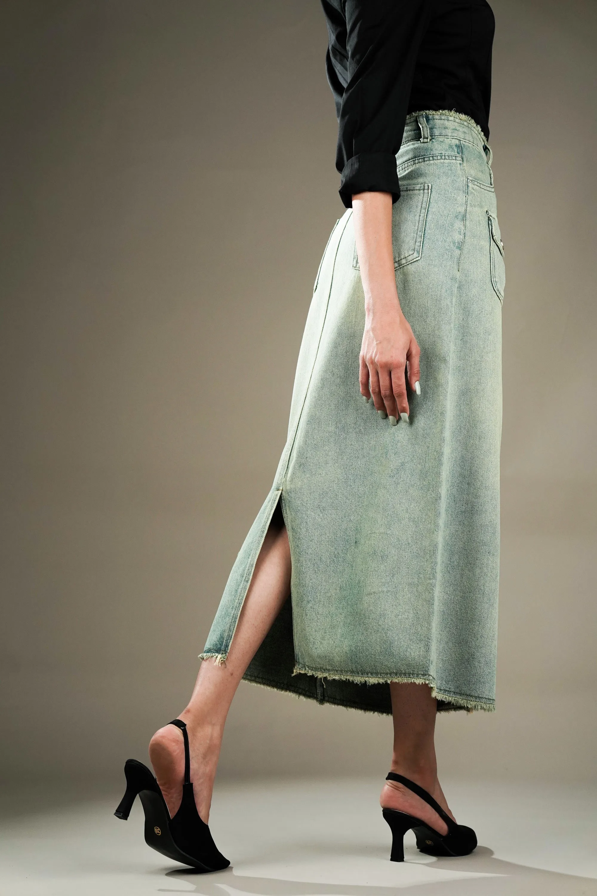 Denim Skirt With Distressed Hem