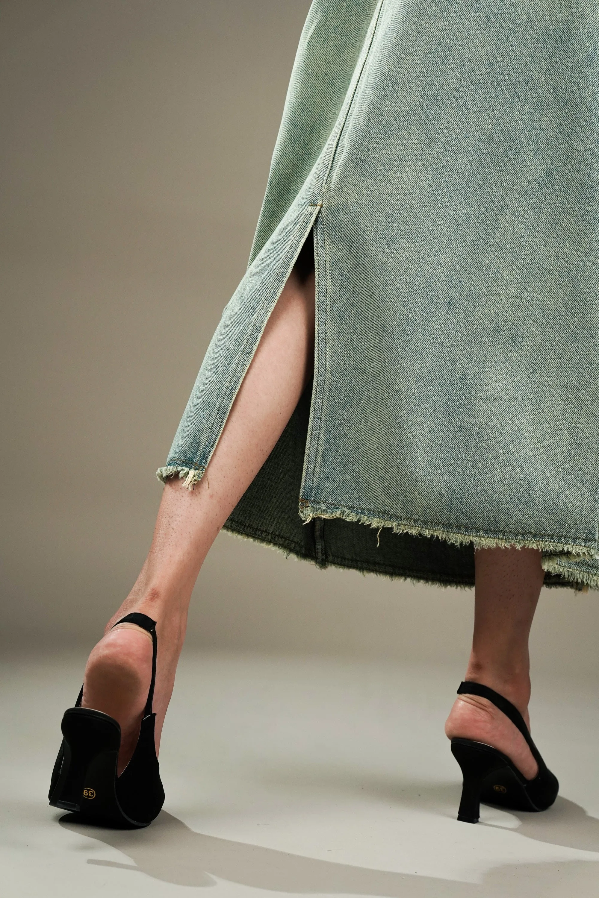 Denim Skirt With Distressed Hem