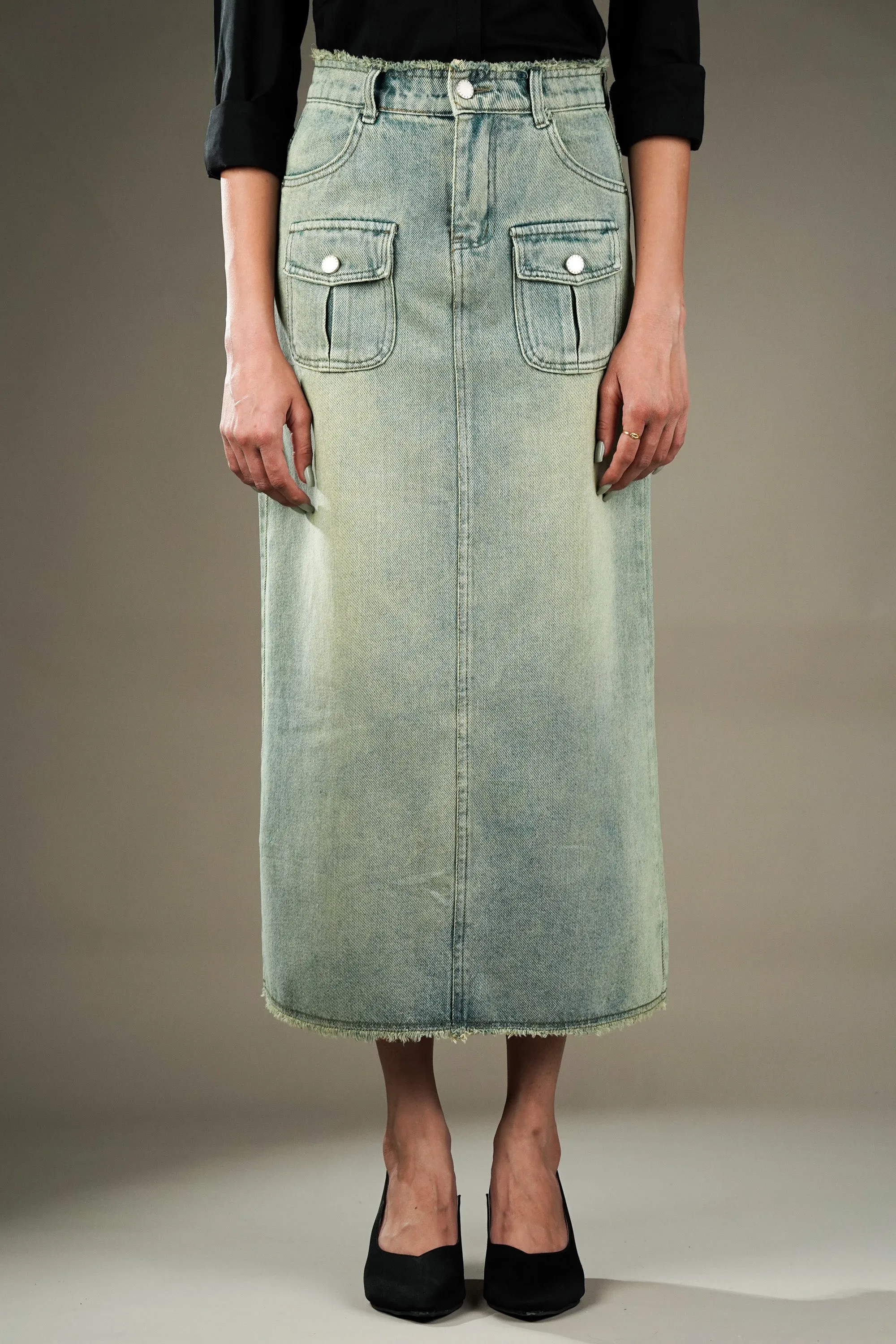 Denim Skirt With Distressed Hem