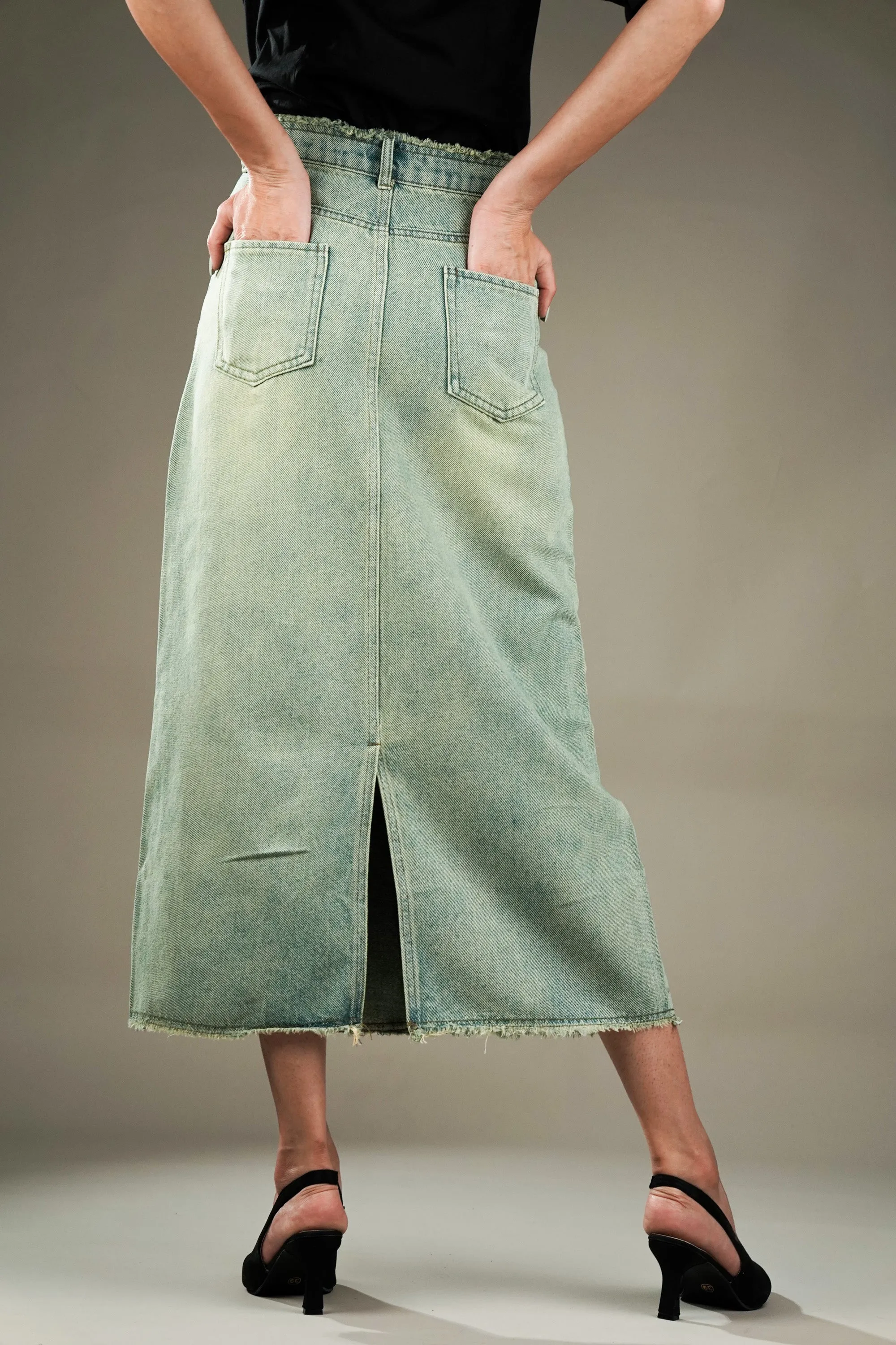 Denim Skirt With Distressed Hem