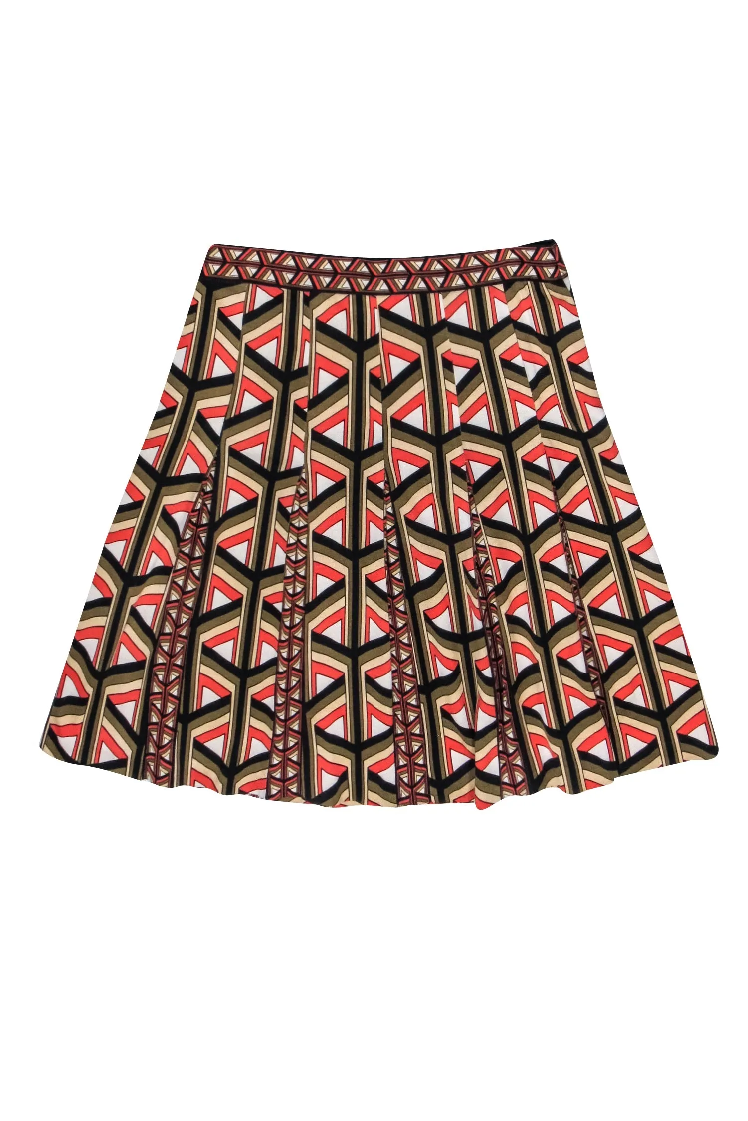 Diane von Furstenberg - Orange, Black, Cream, & Olive Print Pleated Skirt Sz 4