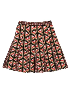 Diane von Furstenberg - Orange, Black, Cream, & Olive Print Pleated Skirt Sz 4