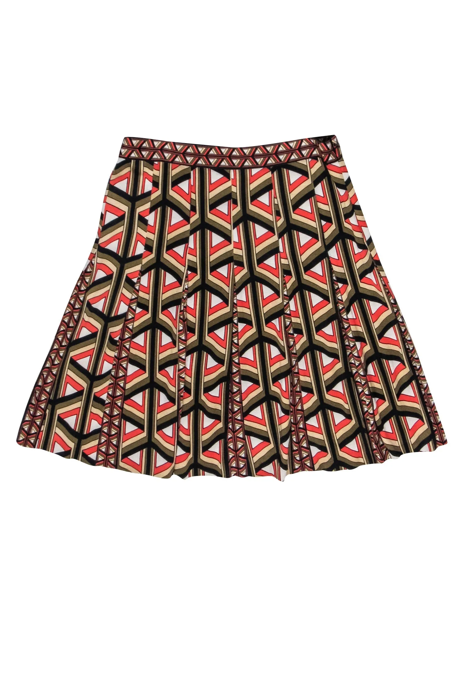 Diane von Furstenberg - Orange, Black, Cream, & Olive Print Pleated Skirt Sz 4