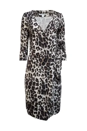 Diane von Furstenberg - White w/ Black & Brown Leopard Print Silk Wrap Dress Sz 6