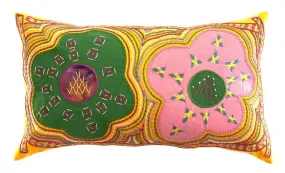Dos Flores Design Embroidered Pillow on Gold