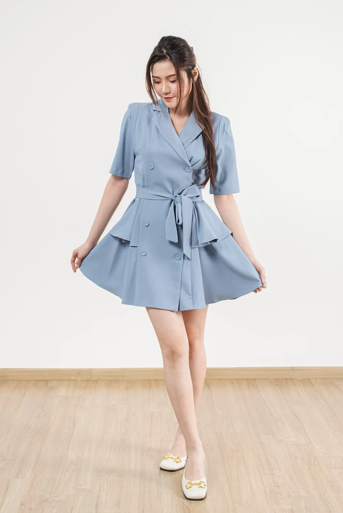 Double Breasted Layered Short Sleeve Collar Dress