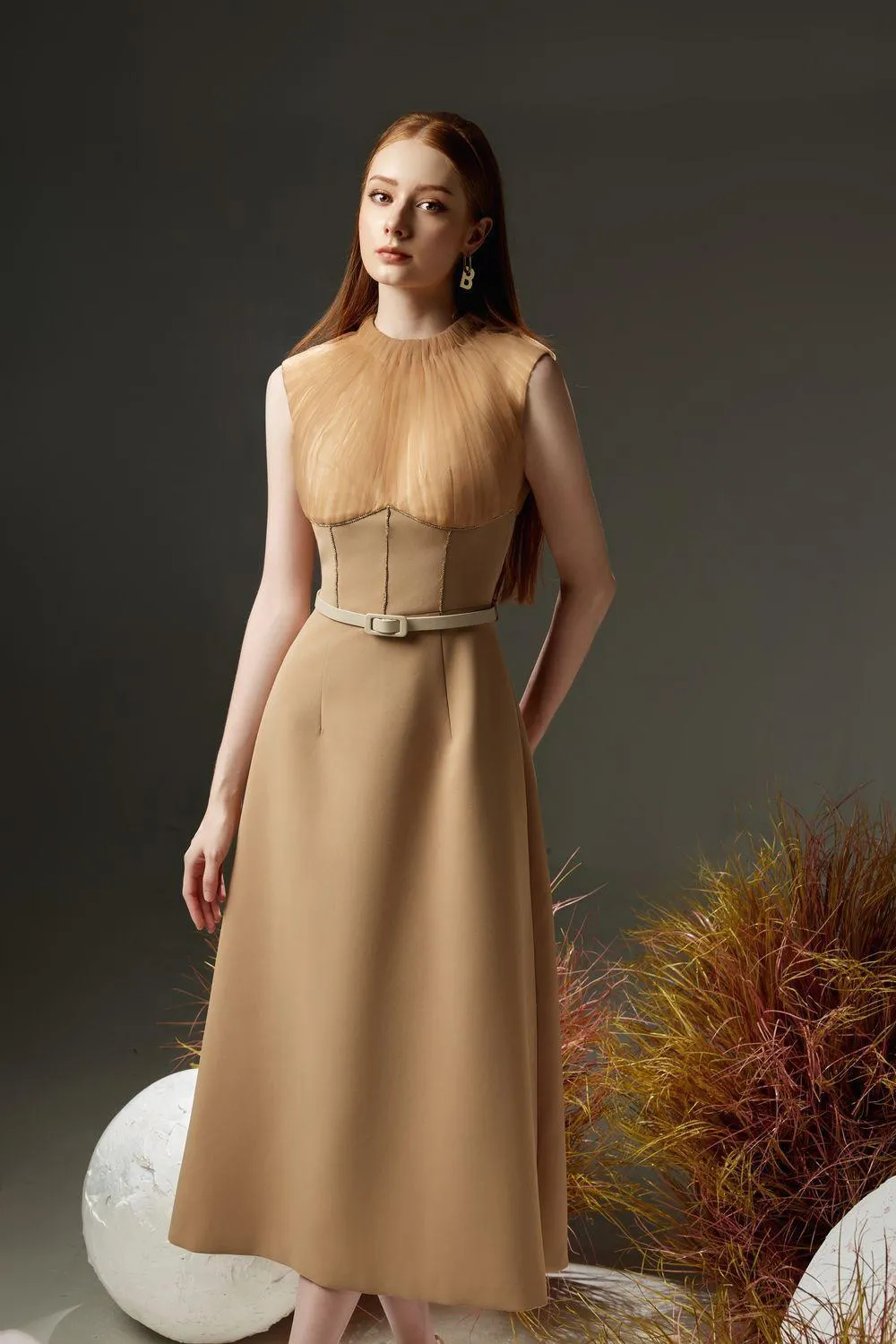 Dudley A-line Pleated Neck Organza Midi Dress