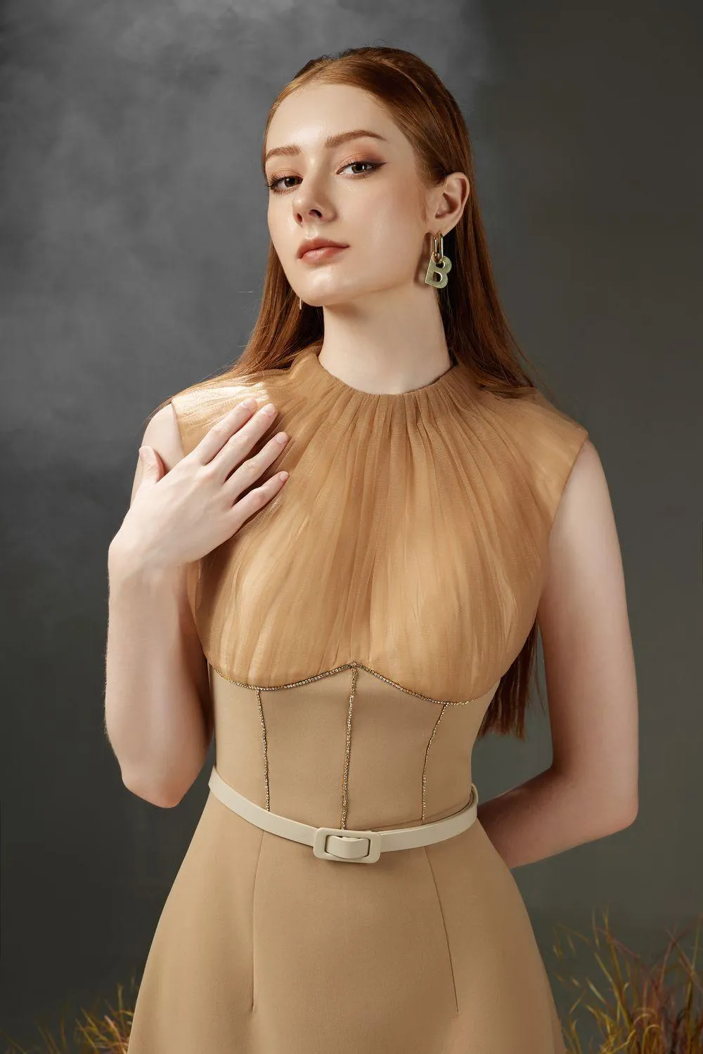 Dudley A-line Pleated Neck Organza Midi Dress