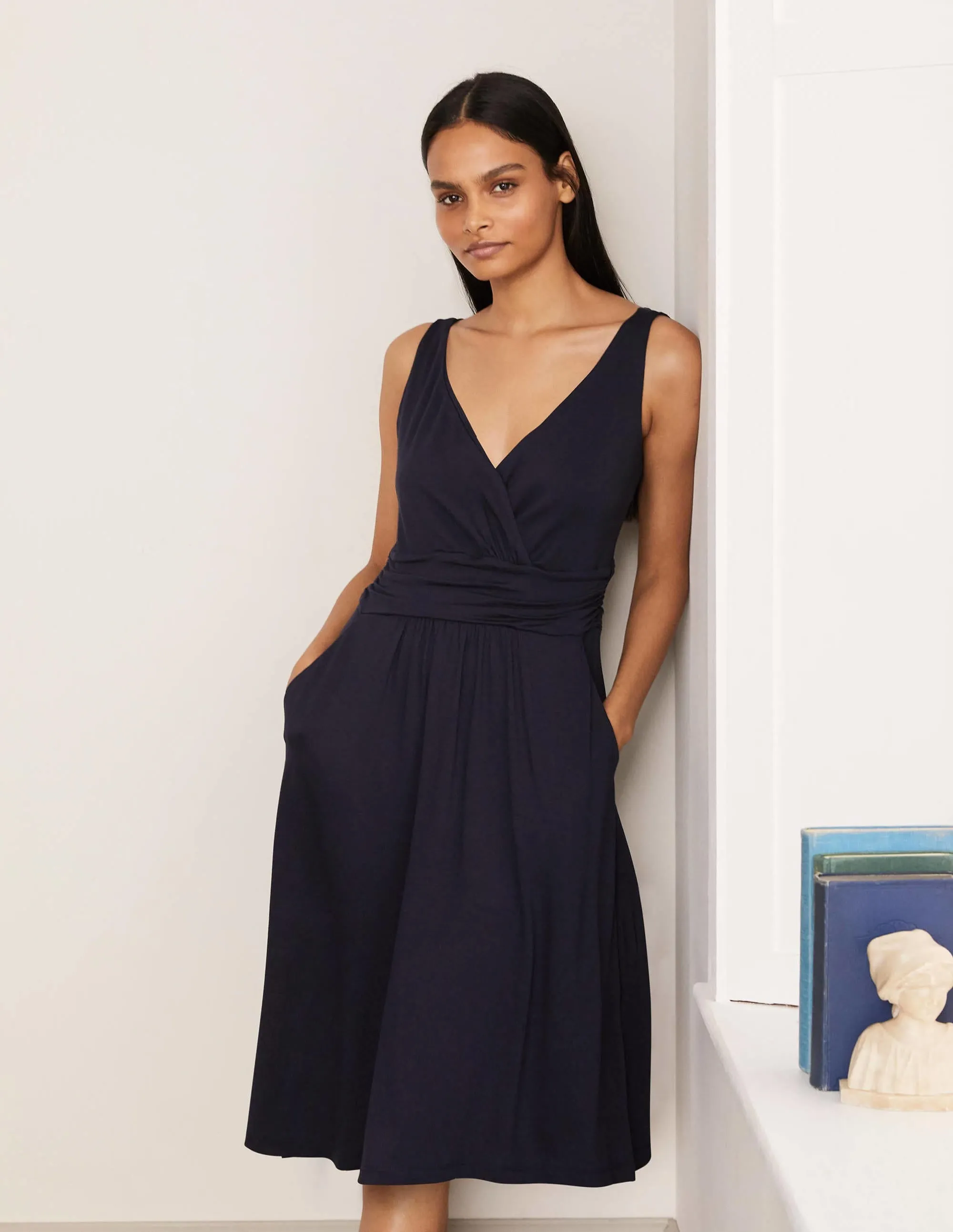 Effie V-Neck Jersey Dress-Navy
