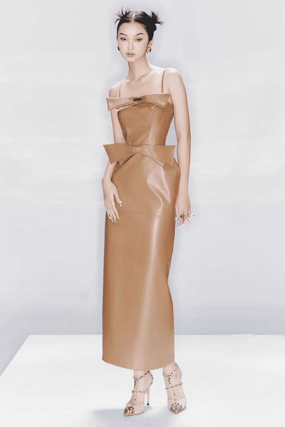 Elysee Sheath Square Neck Leather Ankle Length Dress