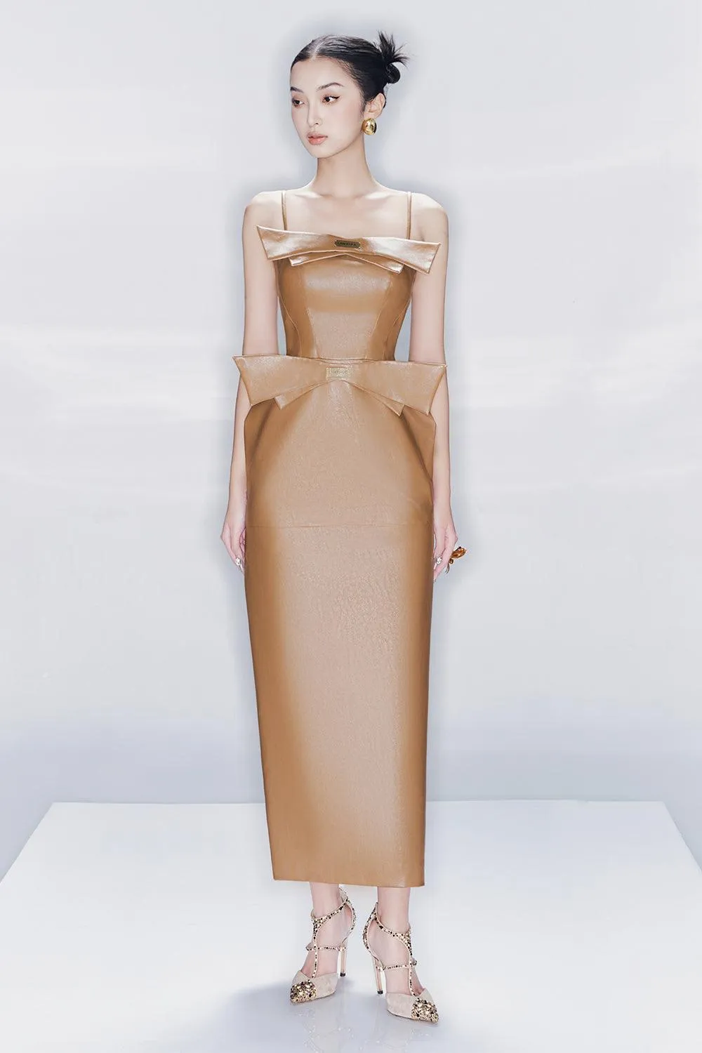 Elysee Sheath Square Neck Leather Ankle Length Dress