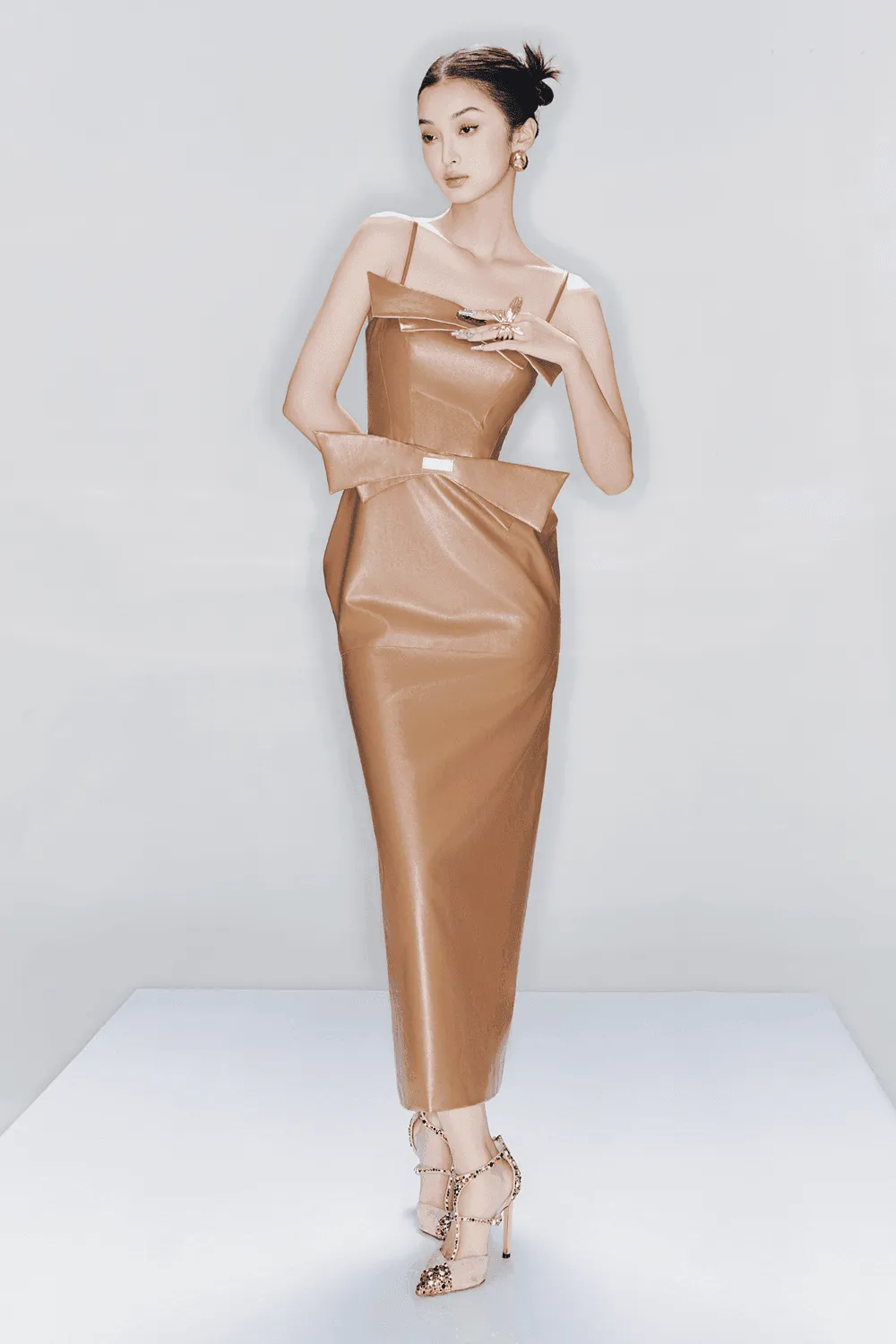Elysee Sheath Square Neck Leather Ankle Length Dress