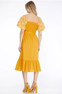 Embroidered Balloon Sleeve Midi Dress With Tie Sash - Yellow