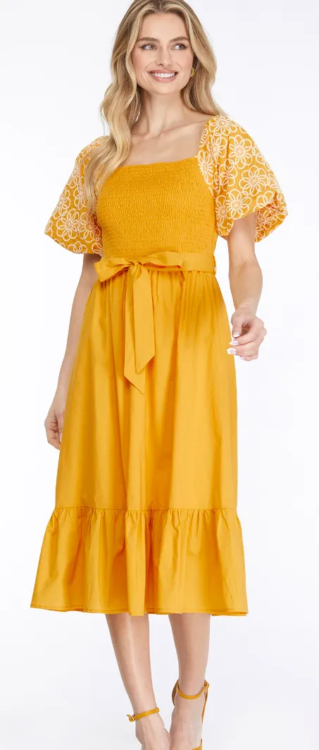 Embroidered Balloon Sleeve Midi Dress With Tie Sash - Yellow