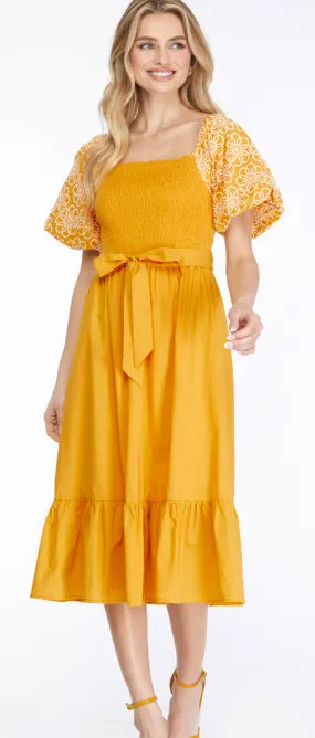 Embroidered Balloon Sleeve Midi Dress With Tie Sash - Yellow
