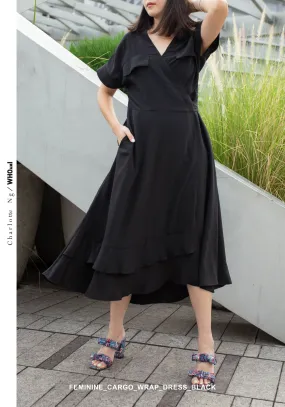 Feminine Cargo Wrap Dress Black