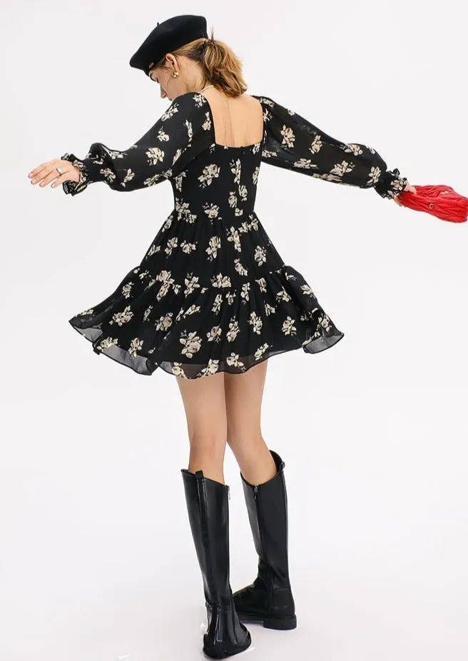 FLORAL LONG SLEEVE SHORT DRESS