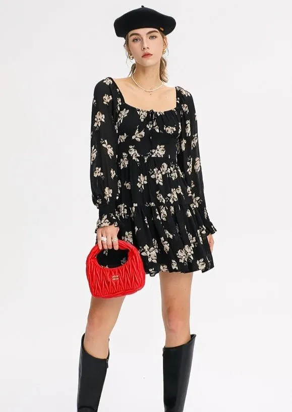FLORAL LONG SLEEVE SHORT DRESS