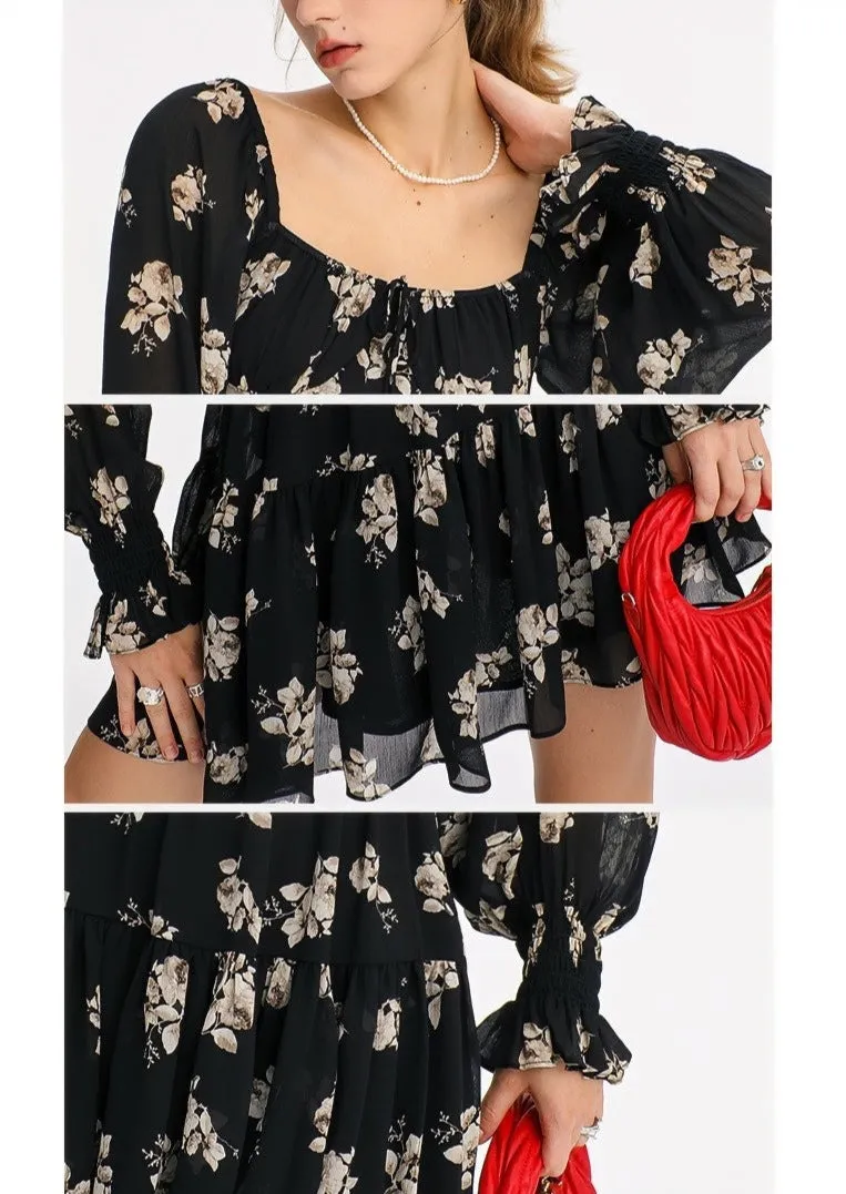 FLORAL LONG SLEEVE SHORT DRESS