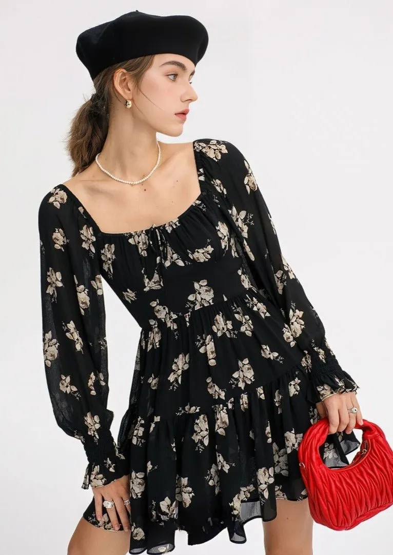 FLORAL LONG SLEEVE SHORT DRESS