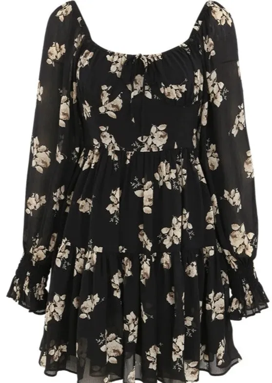 FLORAL LONG SLEEVE SHORT DRESS