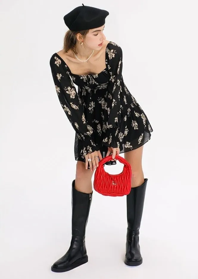 FLORAL LONG SLEEVE SHORT DRESS