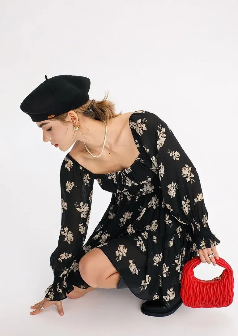 FLORAL LONG SLEEVE SHORT DRESS