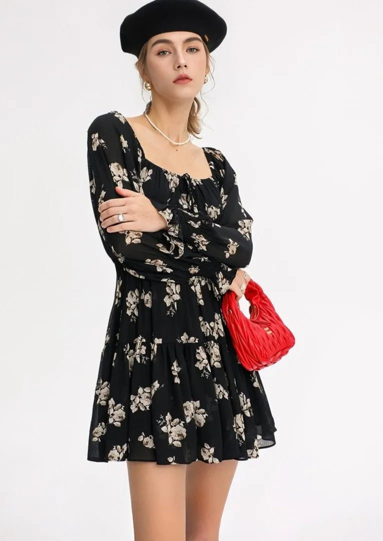 FLORAL LONG SLEEVE SHORT DRESS