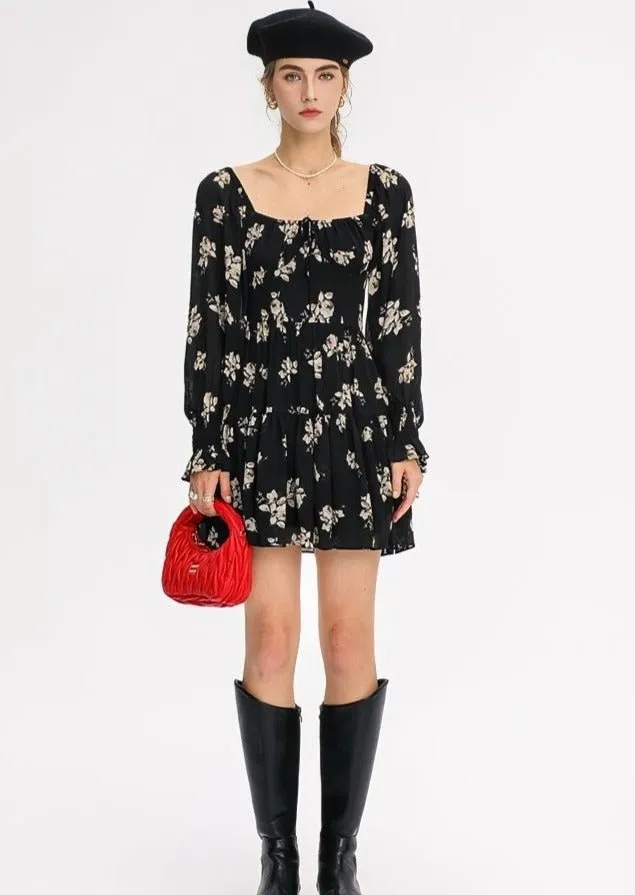 FLORAL LONG SLEEVE SHORT DRESS