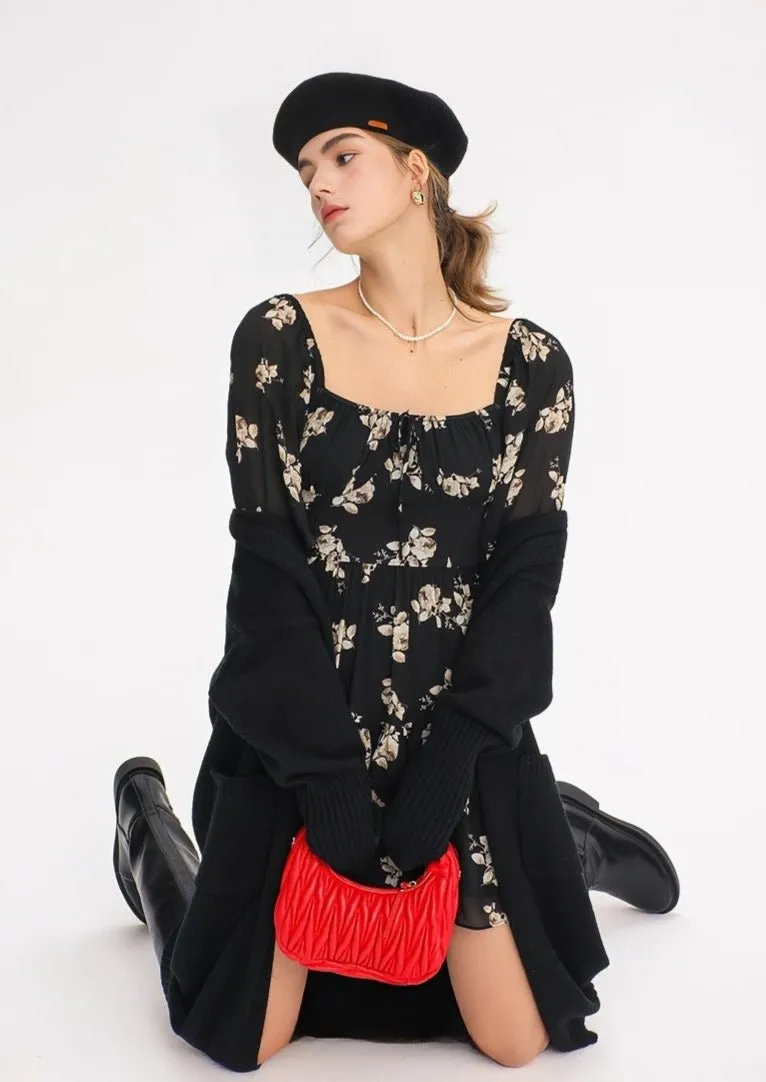 FLORAL LONG SLEEVE SHORT DRESS