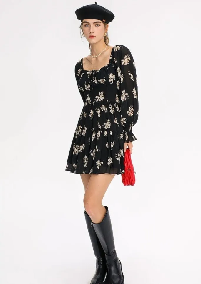 FLORAL LONG SLEEVE SHORT DRESS