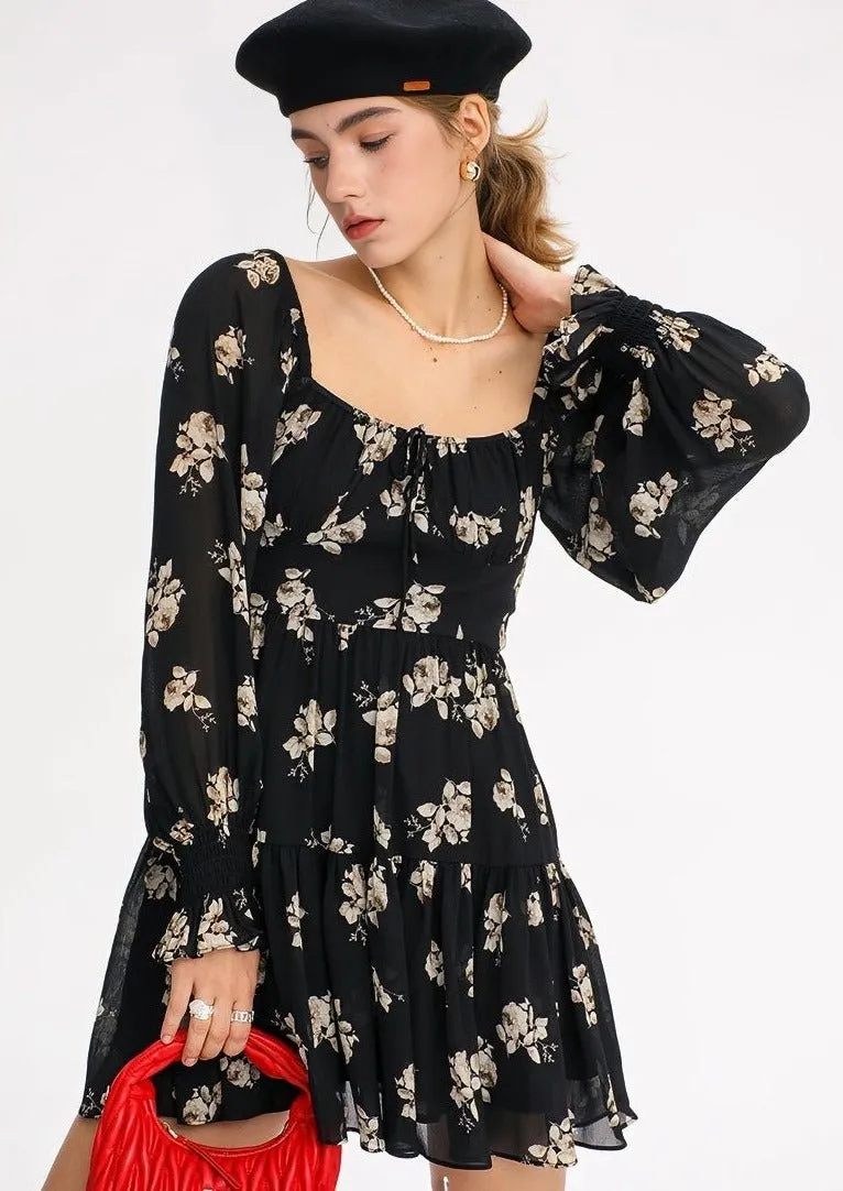 FLORAL LONG SLEEVE SHORT DRESS