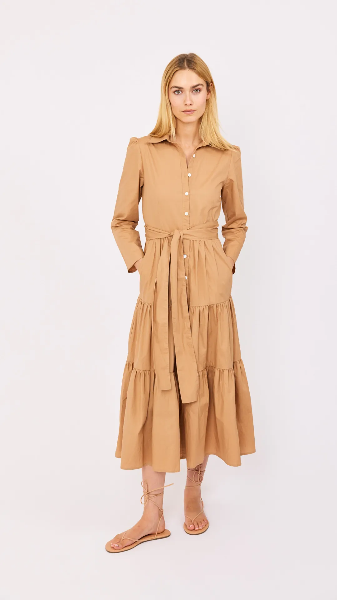 Flounce Shirt Dress - Camel