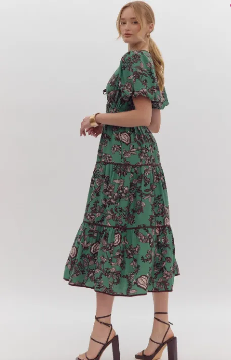Forest Floral Green Midi Dress