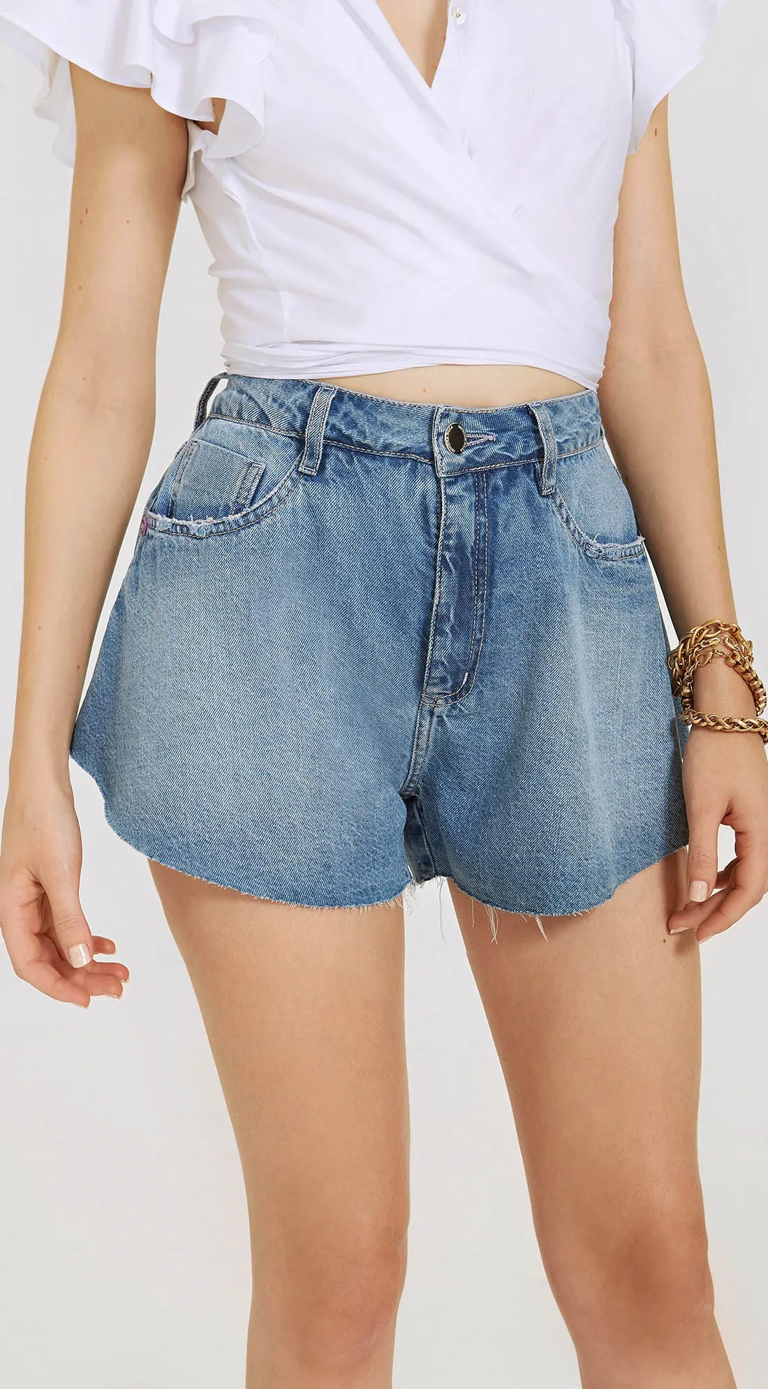 FRAYED DENIM SHORTS WITH EMBELLISHED SIDES