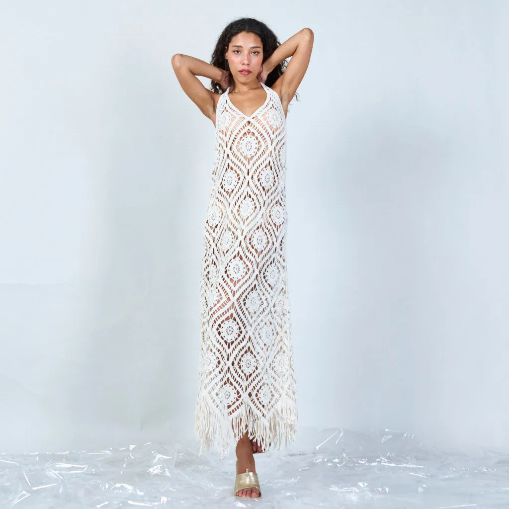 Geometric crochet maxi dress with fringe wholesale