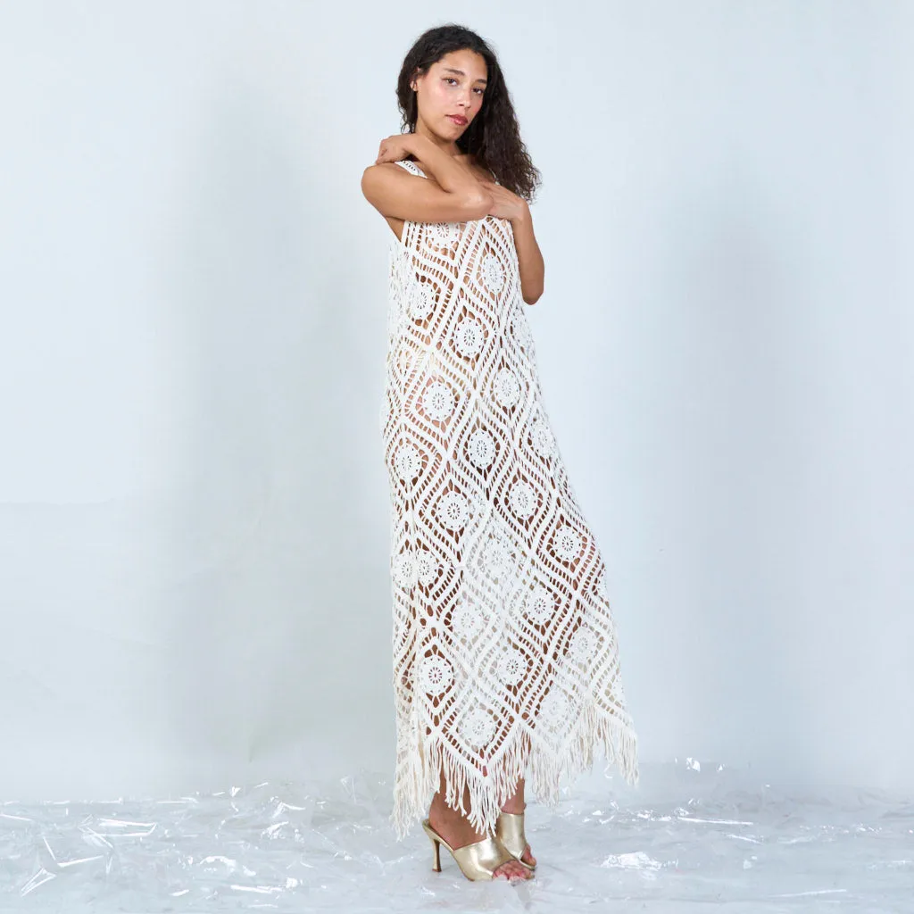 Geometric crochet maxi dress with fringe wholesale