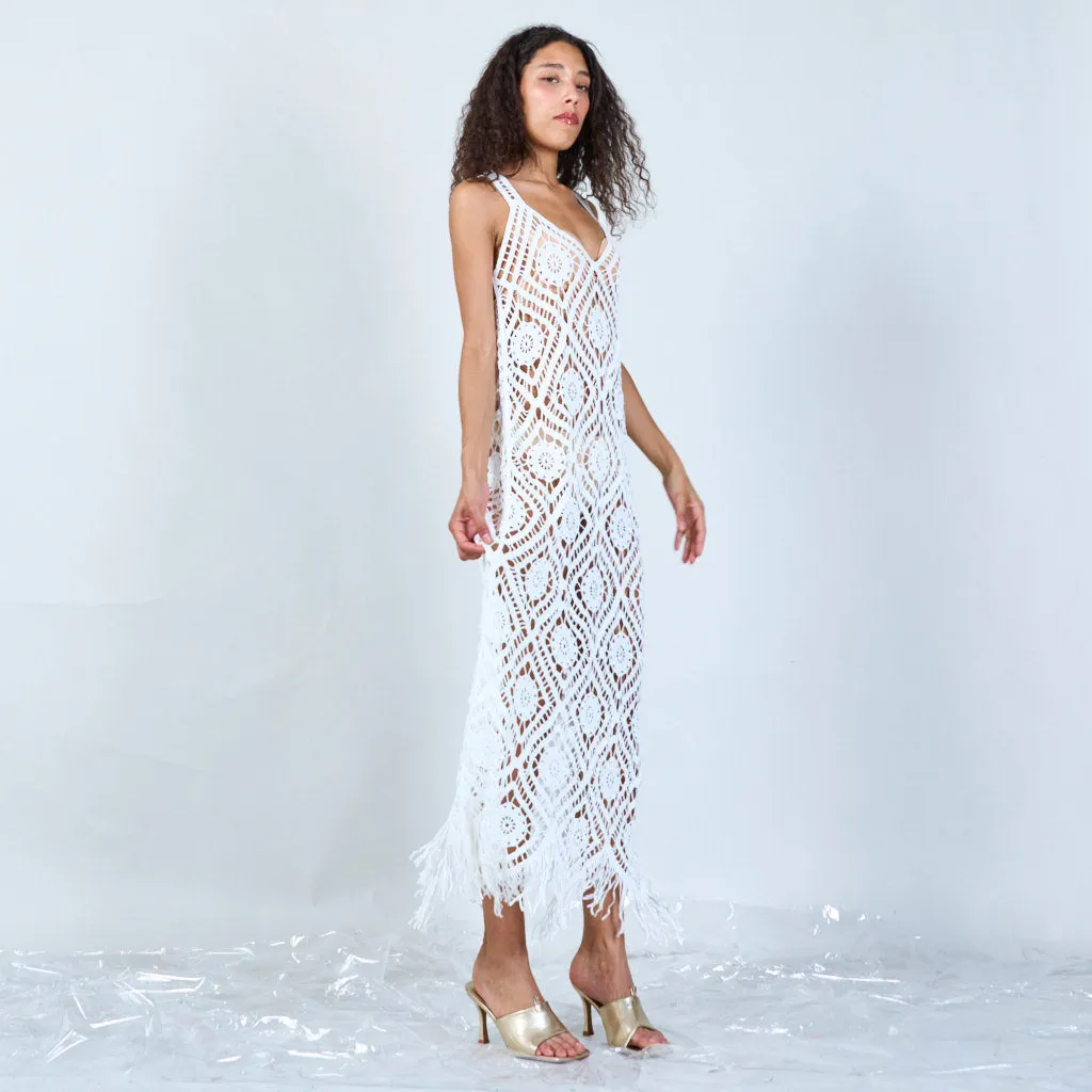 Geometric crochet maxi dress with fringe wholesale