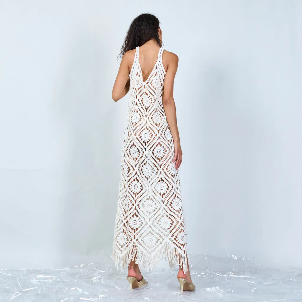 Geometric crochet maxi dress with fringe wholesale