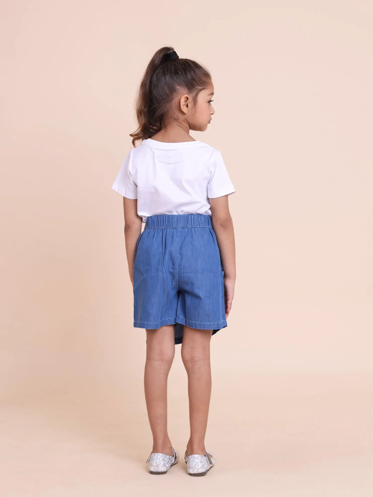 Girls' 2-Piece Summer Outfit: Yellow Floral Embroidered Short Sleeve Top and Denim Skort