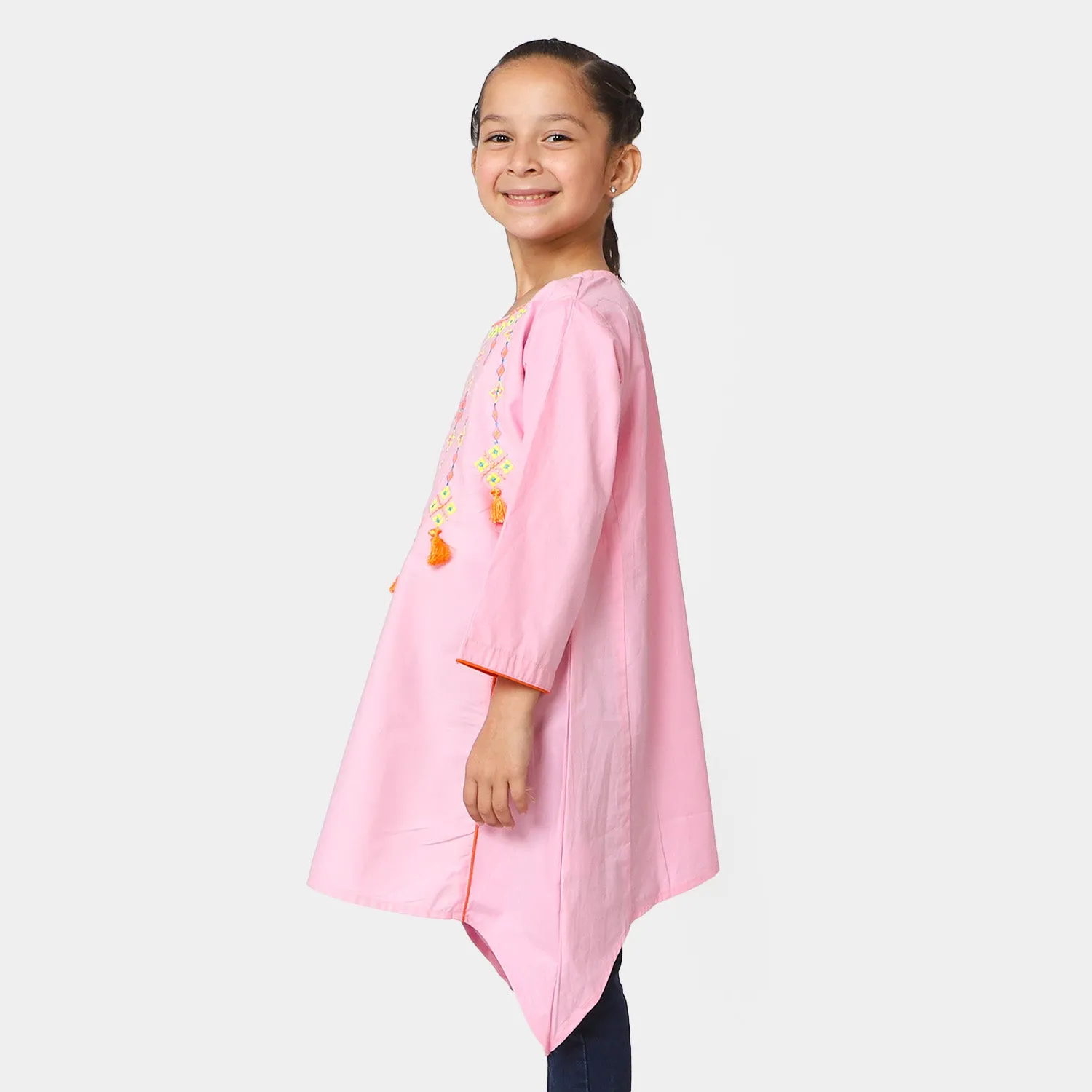 Girls Cotton Embroidered Kurti Artistic - Pink